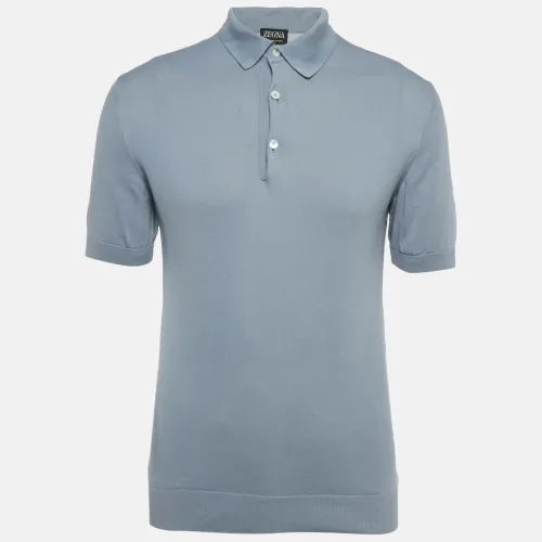 Zegna Slate Blue Cotton Knit Polo T-Shirt M - Zegna - Modalova
