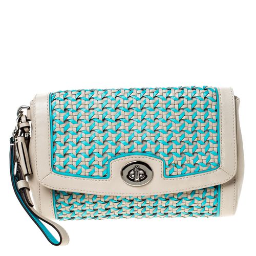 Coach Beige/Blue Caning Leather Flap Wristlet Clutch - Coach - Modalova