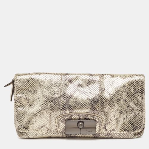 Coach Metallic Silver/Black Python Embossed Leather Flap Clutch - Coach - Modalova