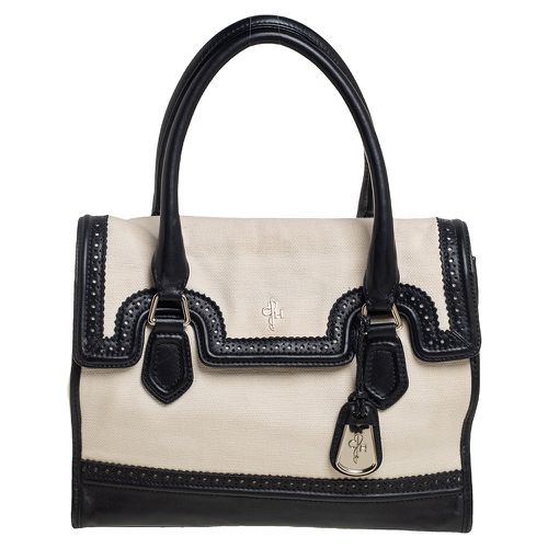 Cole Haan Cream/Black Canvas And Wingtip Leather Flap Brooke Tote - Cole Haan - Modalova