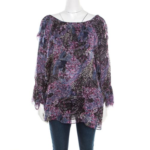 Catherine Malandrino Multicolor Printed Silk Frayed Neck Detail Long Sleeve Blouse S - Catherine Malandrino - Modalova