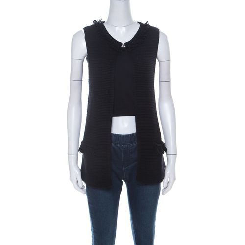 CH Carolina Herrera Black Chunky Knit Merino Wool Fringed Sleeveless Cardigan XS - CH Carolina Herrera - Modalova