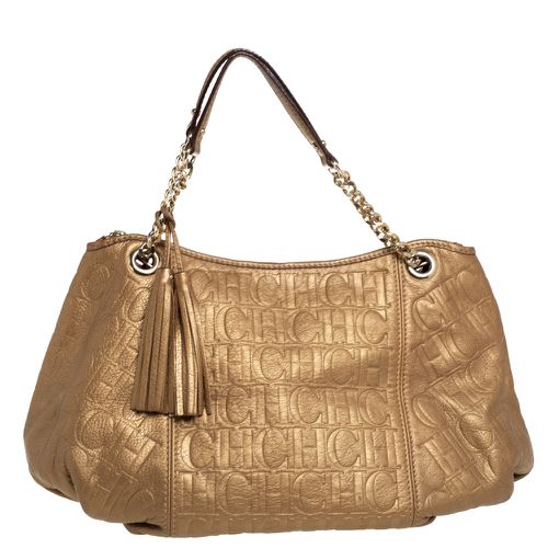 Carolina Herrera Golden Brown Monogram Embossed Leather Tassel Hobo - Carolina Herrera - Modalova