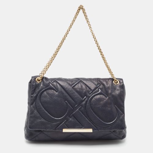 Carolina Herrera Navy Blue Logo Embossed Leather Metal Flap Shoulder Bag - Carolina Herrera - Modalova