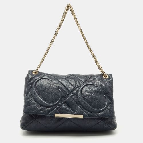 Carolina Herrera Navy Blue Embossed Leather Metal Flap Shoulder Bag - Carolina Herrera - Modalova