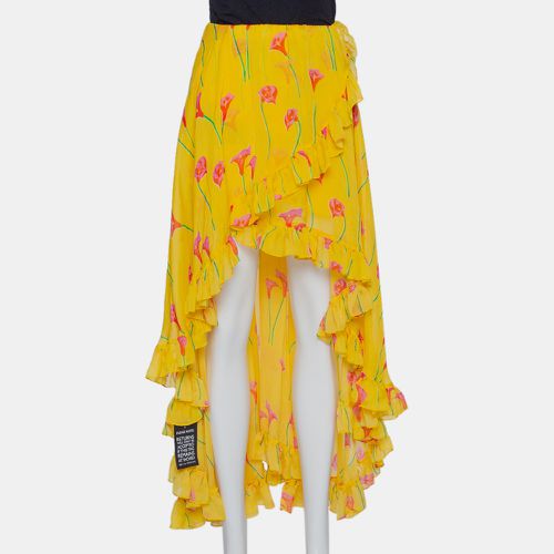 Caroline Constas Yellow Printed Silk Ruffled Asymmetric Hem Adelle Midi Skirt M - Caroline Constas - Modalova