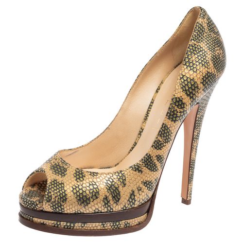 Casadei Beige/Green Lizard Embossed Leather Peep Toe Platform Pumps Size 38 - Casadei - Modalova