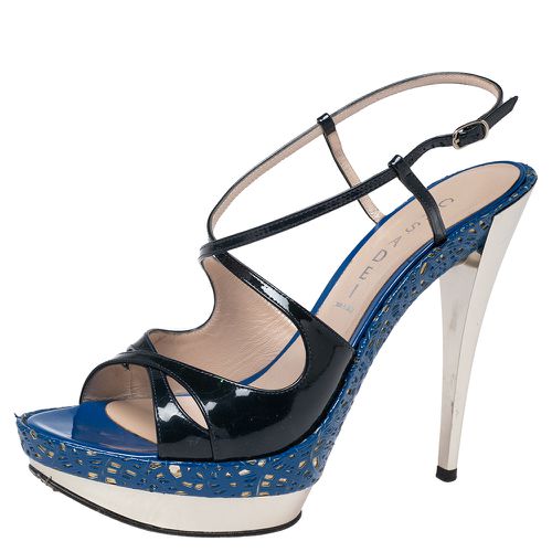 Casadei Navy Blue Patent Leather Laser-Cut Platform Strappy Sandals Size 41 - Casadei - Modalova