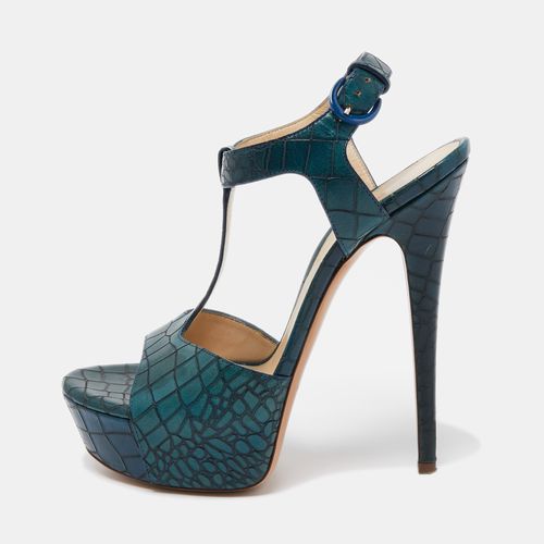 Casadei Green Croc Embossed Leather T-Bar Platform Ankle Strap Sandals Size 38 - Casadei - Modalova