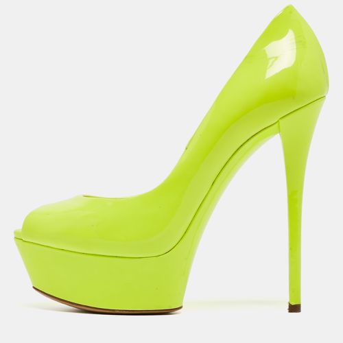 Casadei Lime Green Patent Leather Daisy Peep Toe Platform Pumps Size 37 - Casadei - Modalova