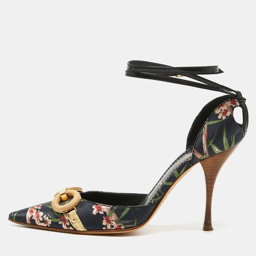 Casadei Black Floral Print Satin Ankle Strap Pumps Size 36 - Casadei - Modalova