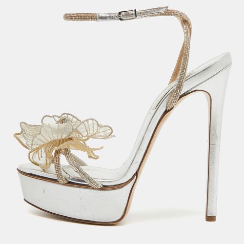 Casadei Silver/Gold Crystal Leather Flower Embellished Platform Ankle Strap Sandals Size 38.5 - Casadei - Modalova