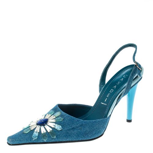 Casadei Blue Denim Pointed Toe Slingback Sandals Size 37.5 - Casadei - Modalova