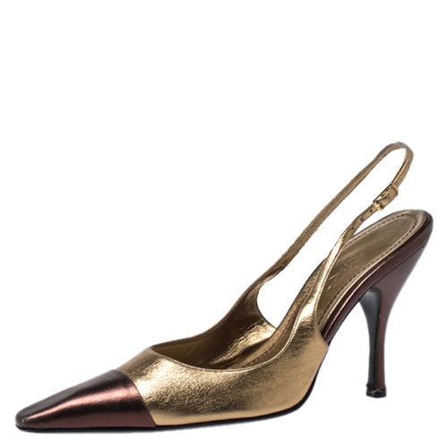 Casadei Metallic Gold/Brown Leather Pointed Toe Slingback Sandals Size 37.5 - Casadei - Modalova