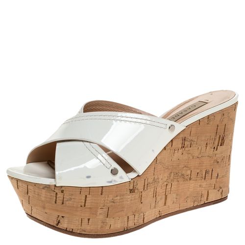 Casadei White Criss Cross Patent Leather Cork Wedge Sandals Size 35 - Casadei - Modalova