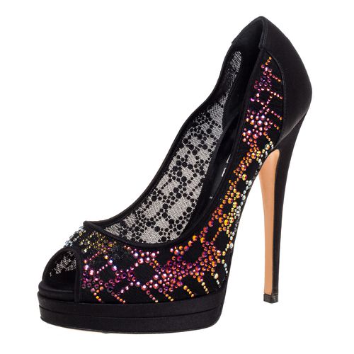 Casadei Black Crystal Embellished Mesh And Satin Peep Toe Platform Pumps Size 36 - Casadei - Modalova