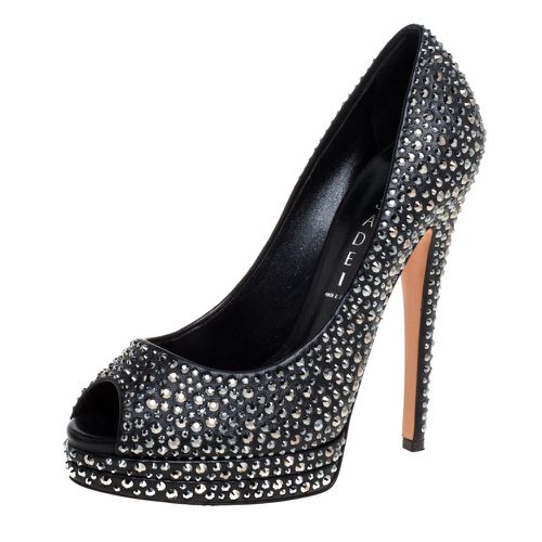 Casadei Black Leather Swarovski Crystal Embellished Peep Toe Pumps Size 37 - Casadei - Modalova