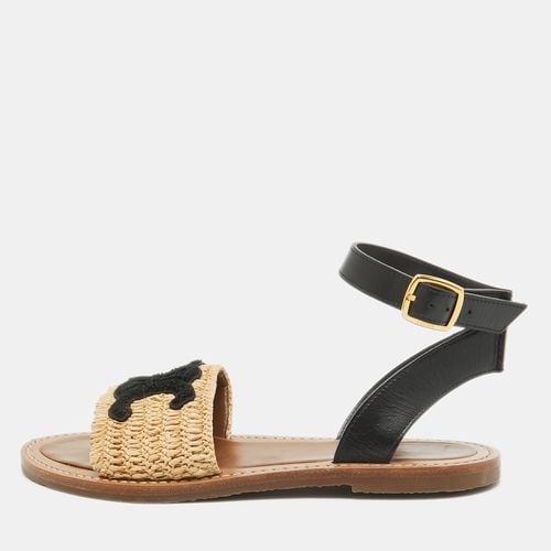 Celine Beige/Black Leather and Raffia Ankle Strap Flat Sandals Size 39 - Celine - Modalova