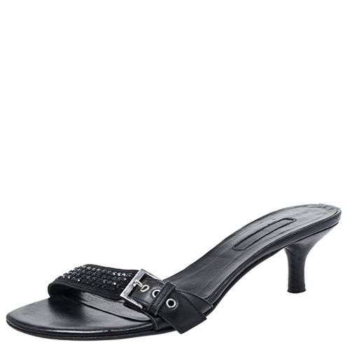 Leather Crystal Embellished Buckle Detail Kitten Heel Mules Size 37 - Cesare Paciotti - Modalova