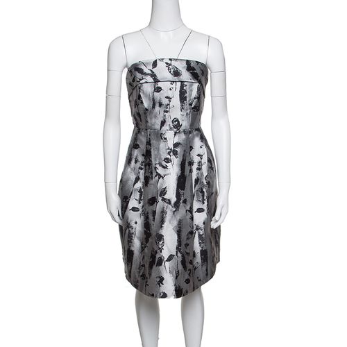 CH Carolina Herrera Silver and Black Floral Jacquard Strapless Dress S - CH Carolina Herrera - Modalova