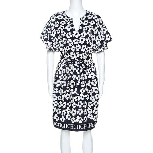 CH Carolina Herrera Navy Blue Floral Print Silk and Linen Blend Dress M - CH Carolina Herrera - Modalova