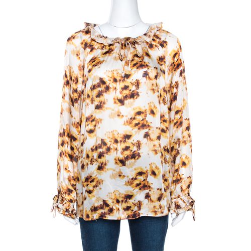 CH Carolina Herrera White & Brown Printed Silk Ruffled Blouse L - CH Carolina Herrera - Modalova