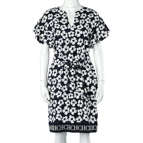 CH Carolina Herrera Navy Blue Floral Print Silk & Linen Belted Dress XS - CH Carolina Herrera - Modalova