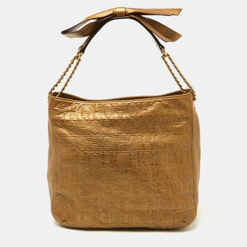 CH Carolina Herrera Gold Embossed Monogram Leather Chain Bow Hobo - CH Carolina Herrera - Modalova