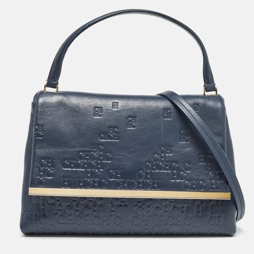 CH Carolina Herrera Navy Blue Monogram Embossed Leather Flap Top Handle Bag - CH Carolina Herrera - Modalova