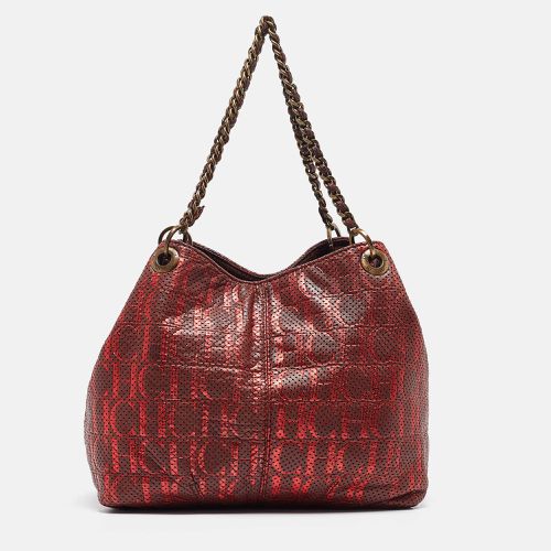 CH Carolina Herrera Burgundy/Red Metallic Perforated Monogram Leather Chain Tote - CH Carolina Herrera - Modalova