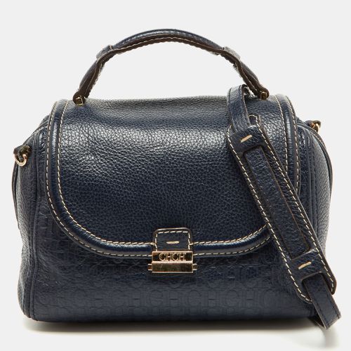 CH Carolina Herrera Navy Blue Monogram Embossed Leather Flap Top Handle Bag - CH Carolina Herrera - Modalova