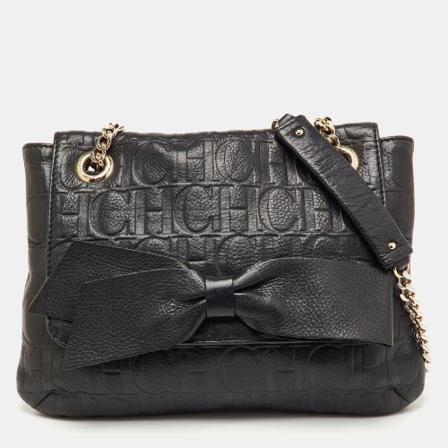 CH Carolina Herrera Black Monogram Embossed Leather Audrey Bow Flap Shoulder Bag - CH Carolina Herrera - Modalova