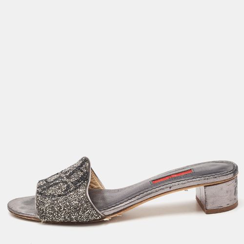 CH Carolina Herrera Grey Leather Crystal Embellished Logo Slide Sandals Size 38 - CH Carolina Herrera - Modalova