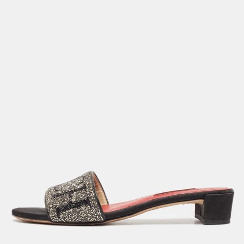 CH Carolina Herrera Black Glitter and Satin Slide Sandals Size 37 - CH Carolina Herrera - Modalova