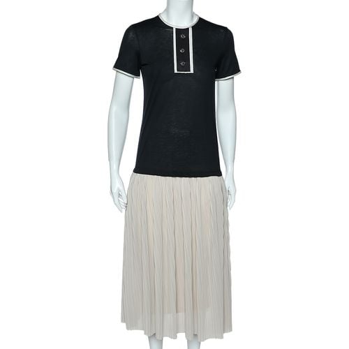 CH Carolina Herrera Black & Beige Cotton & Silk Plisse Detail Midi Dress XS - CH Carolina Herrera - Modalova