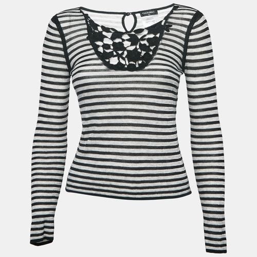 Chanel Black Stripe Knit Neck Lace Trimmed Top S - Chanel - Modalova