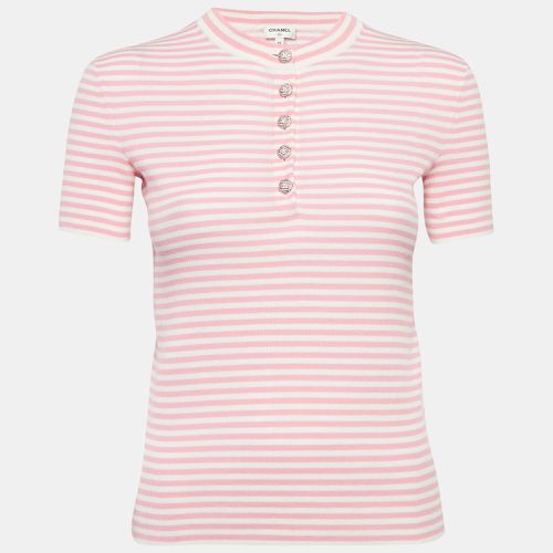 Chanel Pink/White Stripe Rib Knit Band Collar Top S - Chanel - Modalova