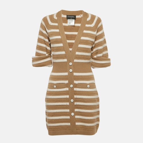 Chanel Beige/Ivory Stripe Cashmere Knit Button Front Mini Sweater Dress M - Chanel - Modalova