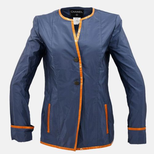 Chanel Collarless Blue Nylon Single Breasted Jacket Women Size 40 - Chanel - Modalova