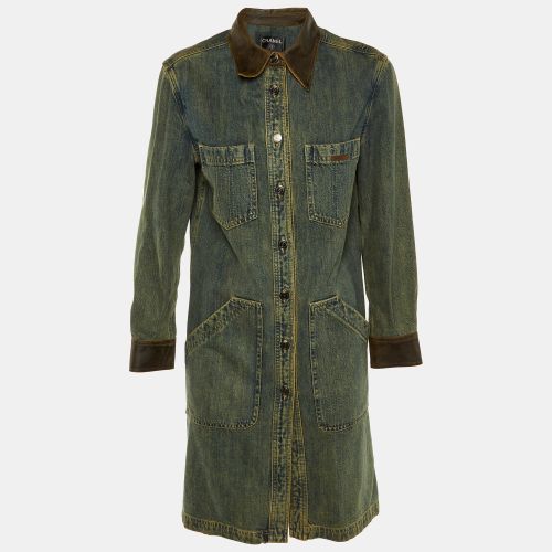 Chanel Blue Denim & Leather Collar Button Front Coat M - Chanel - Modalova