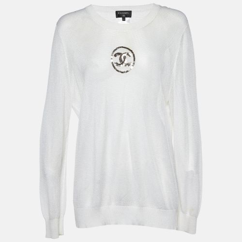 Chanel Off-White Knit Sequin Logo Detail Full Sleeve Sweater L - Chanel - Modalova