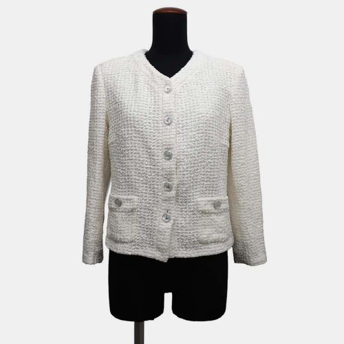 Chanel White Cotton/Nylon/Rayon No-Collar Tweed Jacket Women Size 38 - Chanel - Modalova