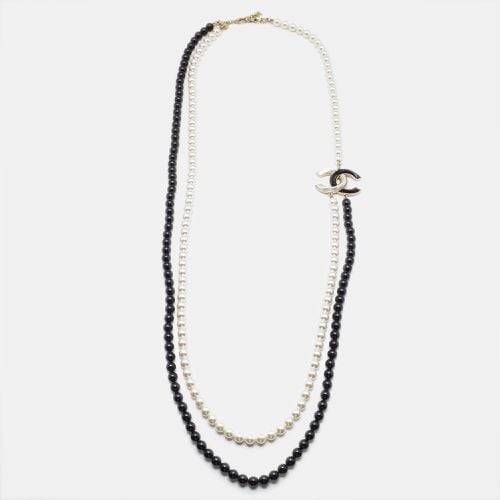 Chanel CC Faux Pearl Black Beaded Resin Gold Tone Long Necklace - Chanel - Modalova