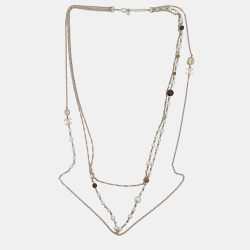 Chanel Silver Maroon Long Layered Pearl Necklace - Chanel - Modalova