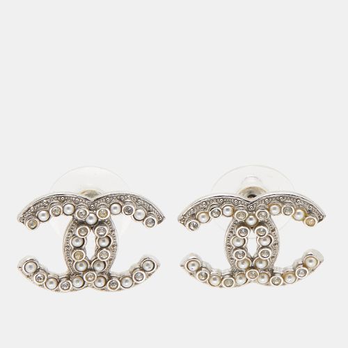 Chanel CC Crystals Faux Pearl Silver Tone Earrings - Chanel - Modalova