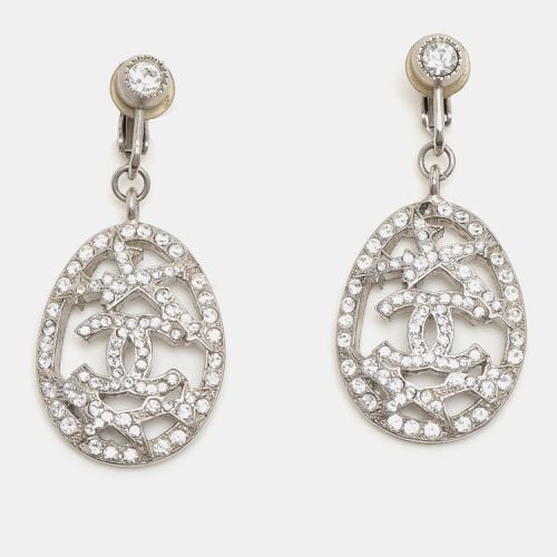 Chanel Silver Tone Metal Crystal Embellished CC Drop Earrings - Chanel - Modalova