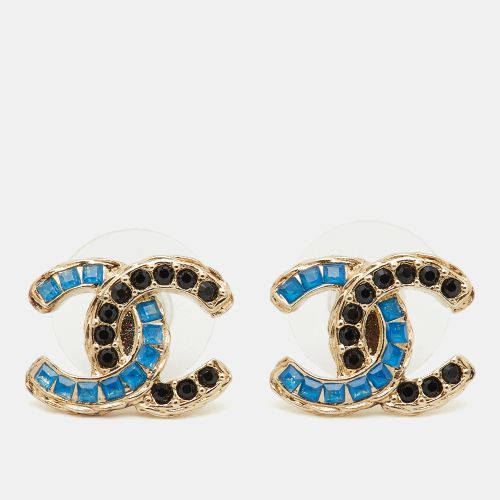 CC Blue Black Crystal Gold Tone Stud Earrings - Chanel - Modalova