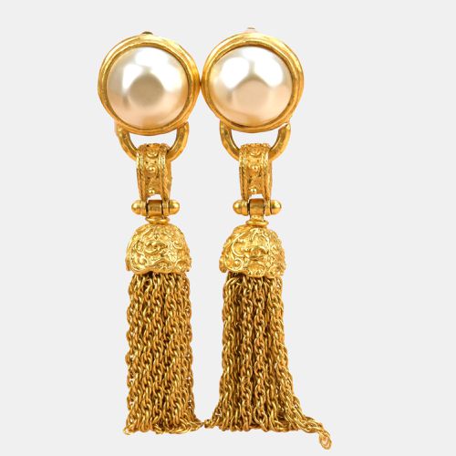 Vintage 1994 Plated Pearl Fringe Tassel Dangle Clip On Earrings - Chanel - Modalova