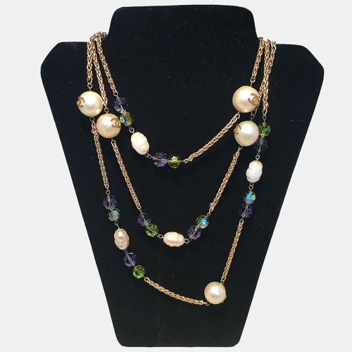 Chanel Vintage Large Pearls And Green And Purple Crystal Bead Gold Necklace - Chanel - Modalova