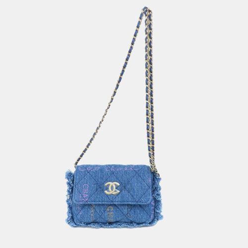 Logo Printed Quilted Fringe Denim Mood Flap Clutch with Chain - Chanel - Modalova